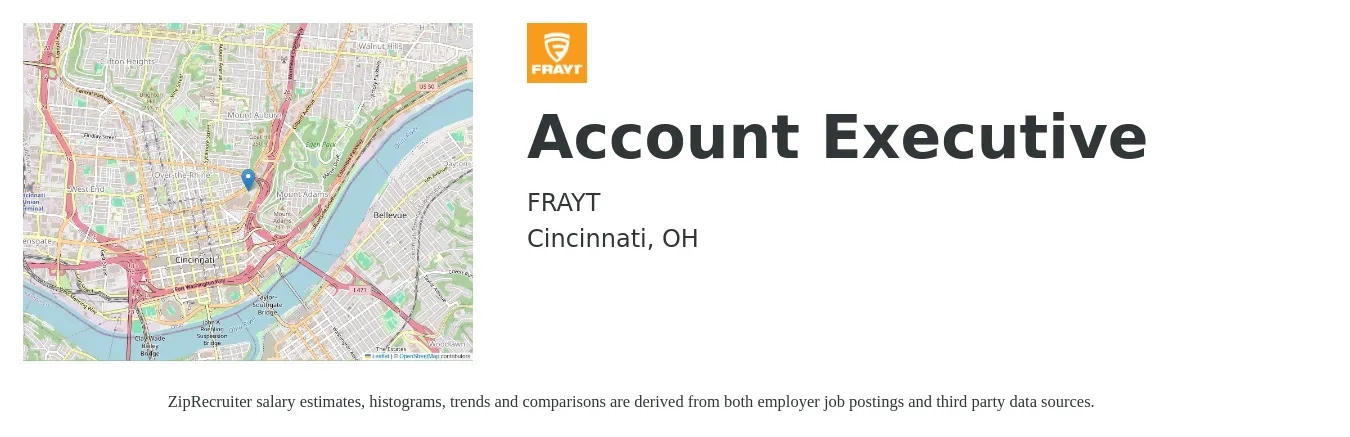 Frayt job posting for a Account Executive in Cincinnati, OH with a salary of $51,900 to $91,200 Yearly with a map of Cincinnati location.
