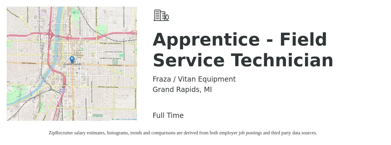 Fraza / Vitan Equipment job posting for a Apprentice - Field Service Technician in Grand Rapids, MI with a salary of $19 to $28 Hourly with a map of Grand Rapids location.