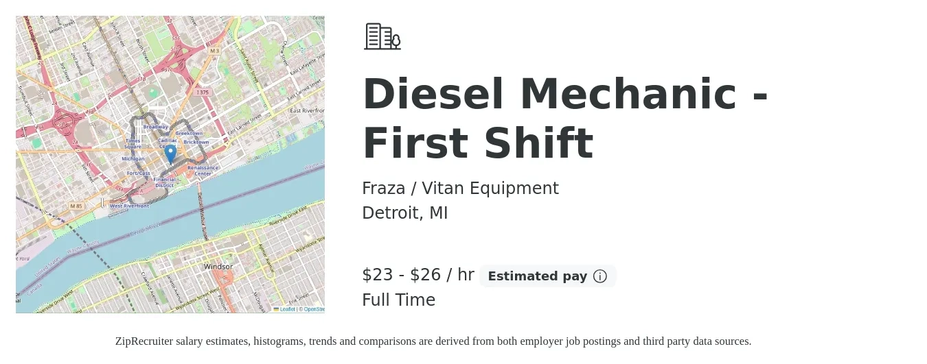 Fraza / Vitan Equipment job posting for a Diesel Mechanic - First Shift in Detroit, MI with a salary of $24 to $28 Hourly with a map of Detroit location.