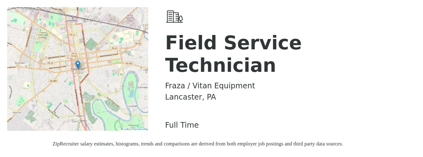 Fraza / Vitan Equipment job posting for a Field Service Technician in Lancaster, PA with a salary of $20 to $29 Hourly with a map of Lancaster location.
