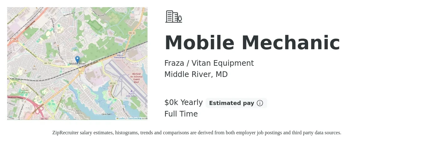 Fraza / Vitan Equipment job posting for a Mobile Mechanic in Middle River, MD with a salary of $23 to $28 Yearly with a map of Middle River location.