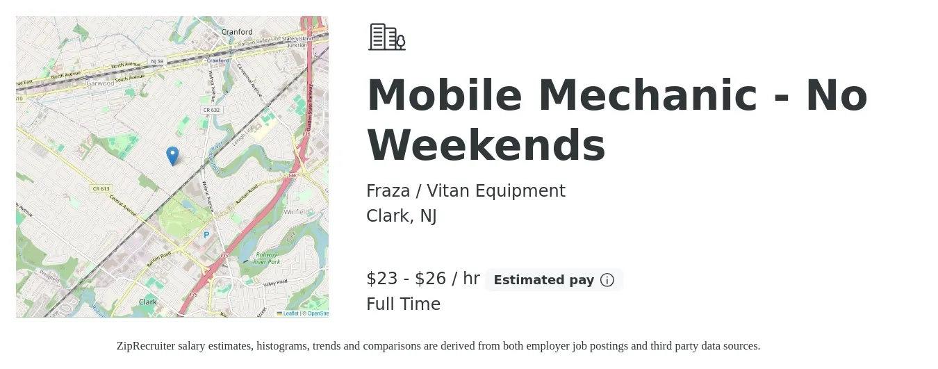 Fraza / Vitan Equipment job posting for a Mobile Mechanic - No Weekends in Clark, NJ with a salary of $24 to $28 Hourly with a map of Clark location.
