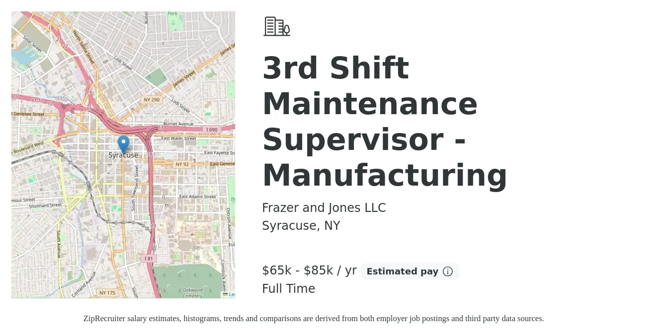 Frazer and Jones LLC job posting for a 3rd Shift Maintenance Supervisor - Manufacturing in Syracuse, NY with a salary of $65,000 to $85,000 Yearly with a map of Syracuse location.