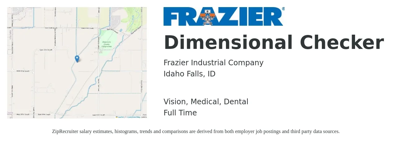 Frazier Industrial Company job posting for a Dimensional Checker in Idaho Falls, ID with a salary of $17 Hourly and benefits including dental, life_insurance, medical, pto, retirement, and vision with a map of Idaho Falls location.
