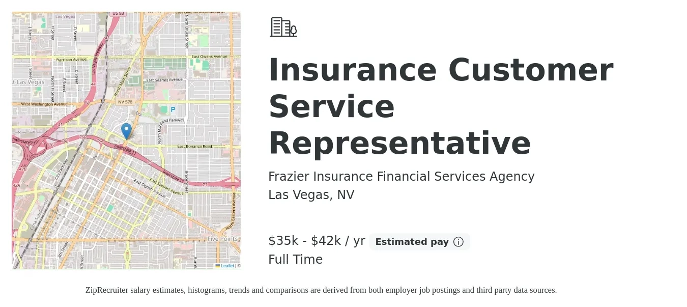 Frazier Insurance Financial Services Agency job posting for a Insurance Customer Service Representative in Las Vegas, NV with a salary of $35,000 to $42,000 Yearly with a map of Las Vegas location.