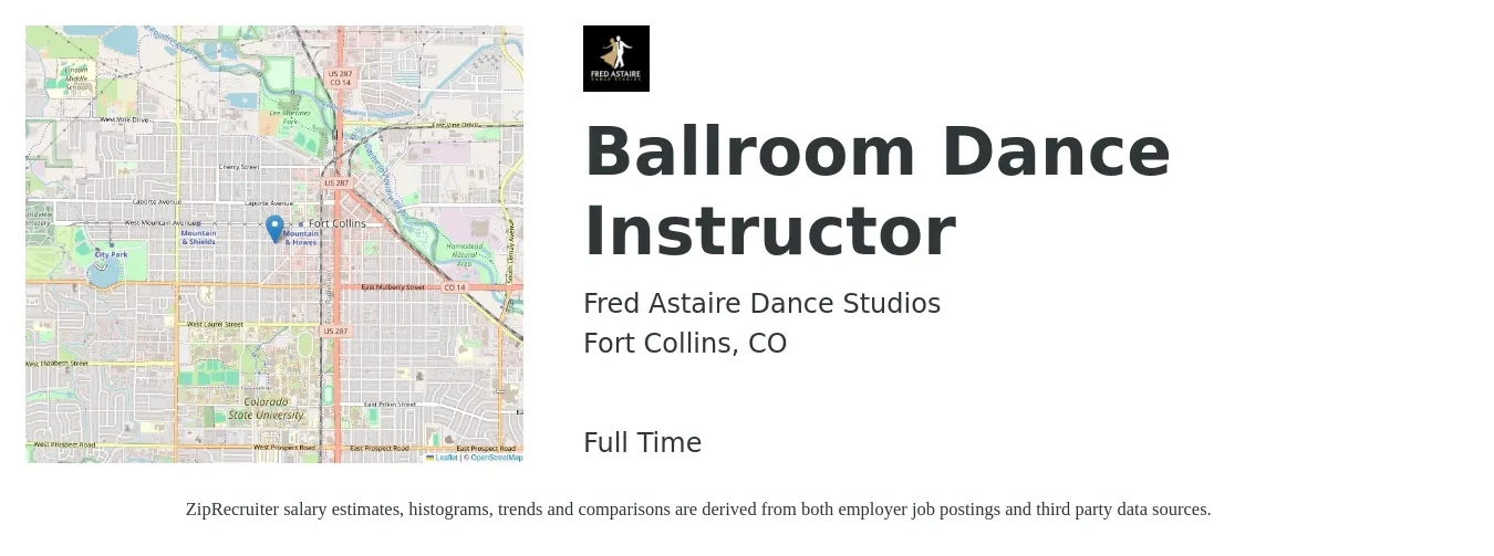 Fred Astaire Dance Studios job posting for a Ballroom Dance Instructor in Fort Collins, CO with a salary of $14 to $20 Hourly with a map of Fort Collins location.