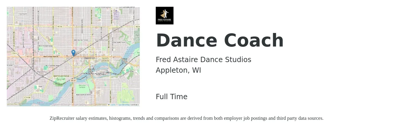 Fred Astaire Dance Studios job posting for a Dance Coach in Appleton, WI with a salary of $17 to $30 Hourly with a map of Appleton location.
