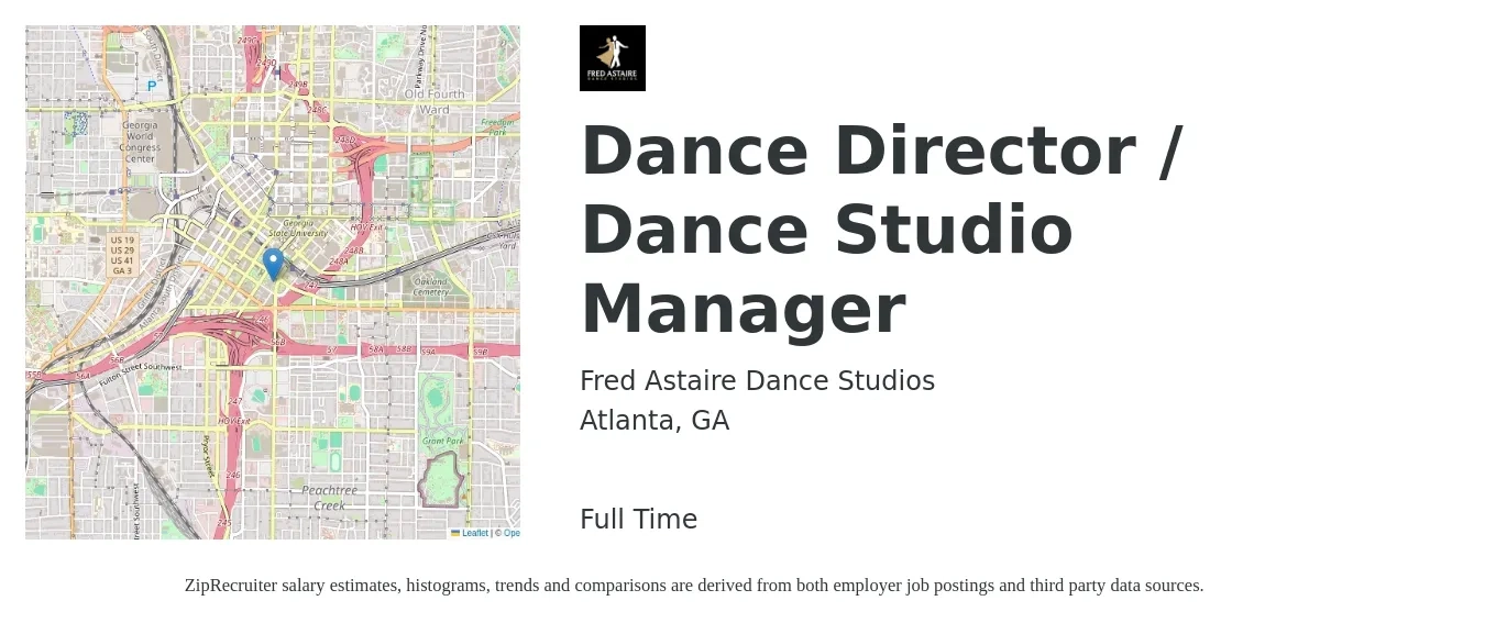 Fred Astaire Dance Studios job posting for a Dance Director / Dance Studio Manager in Atlanta, GA with a salary of $16 to $21 Hourly with a map of Atlanta location.