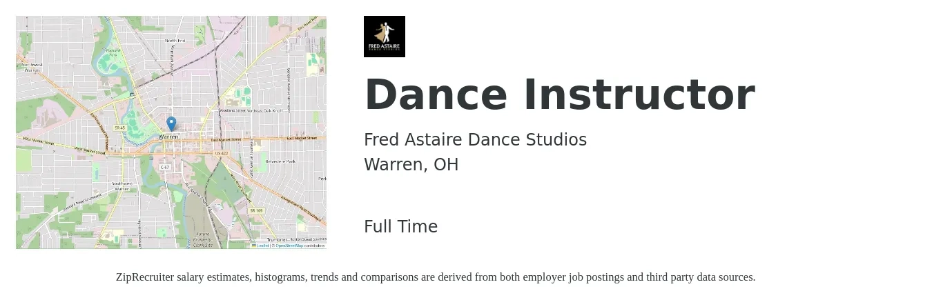 Fred Astaire Dance Studios job posting for a Dance Instructor in Warren, OH with a salary of $16 to $27 Hourly with a map of Warren location.