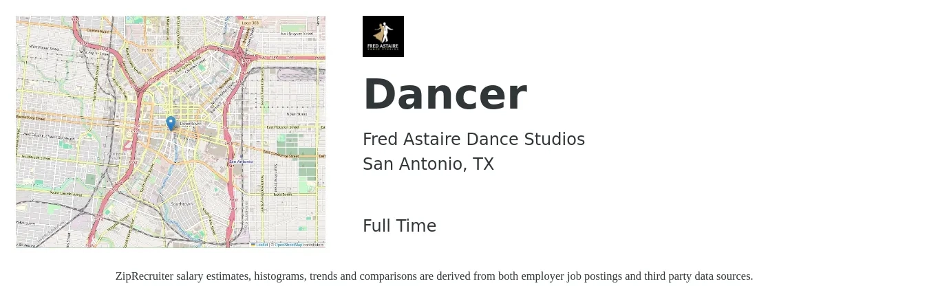 Fred Astaire Dance Studios job posting for a Dancer in San Antonio, TX with a salary of $14 to $19 Hourly with a map of San Antonio location.