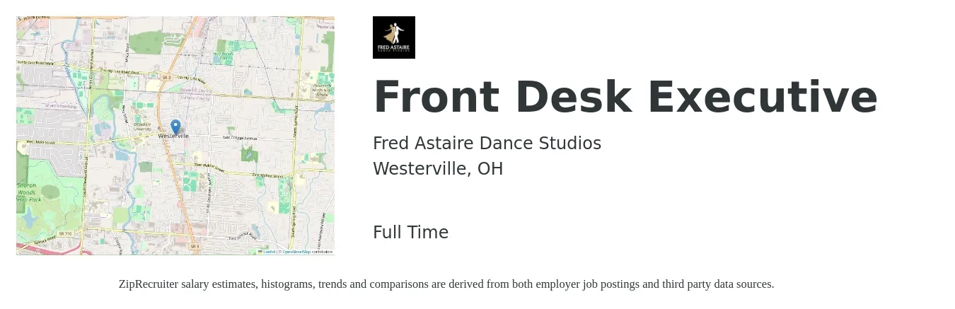 Fred Astaire Dance Studios job posting for a Front Desk Executive in Westerville, OH with a salary of $14 to $18 Hourly with a map of Westerville location.
