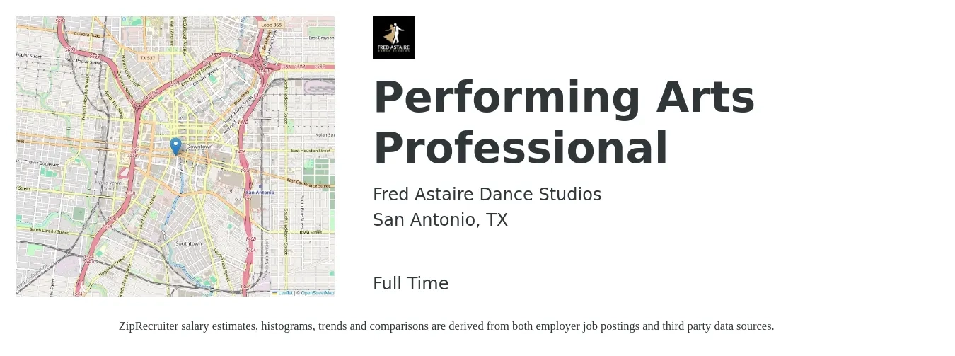 Fred Astaire Dance Studios job posting for a Performing Arts Professional in San Antonio, TX with a salary of $14 to $19 Hourly with a map of San Antonio location.