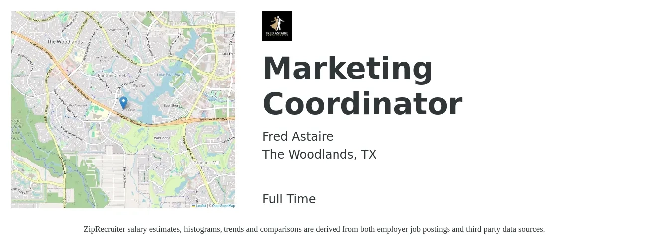 Fred Astaire job posting for a Marketing Coordinator in The Woodlands, TX with a salary of $38,000 to $52,300 Yearly with a map of The Woodlands location.