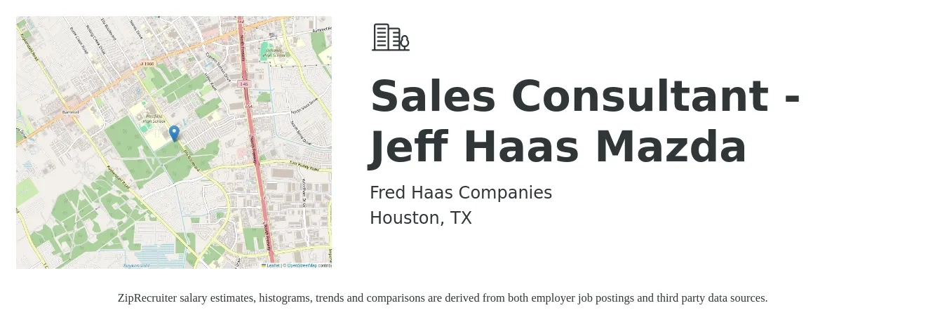 Fred Haas Companies job posting for a Sales Consultant - Jeff Haas Mazda in Houston, TX with a salary of $35,500 to $69,200 Yearly with a map of Houston location.