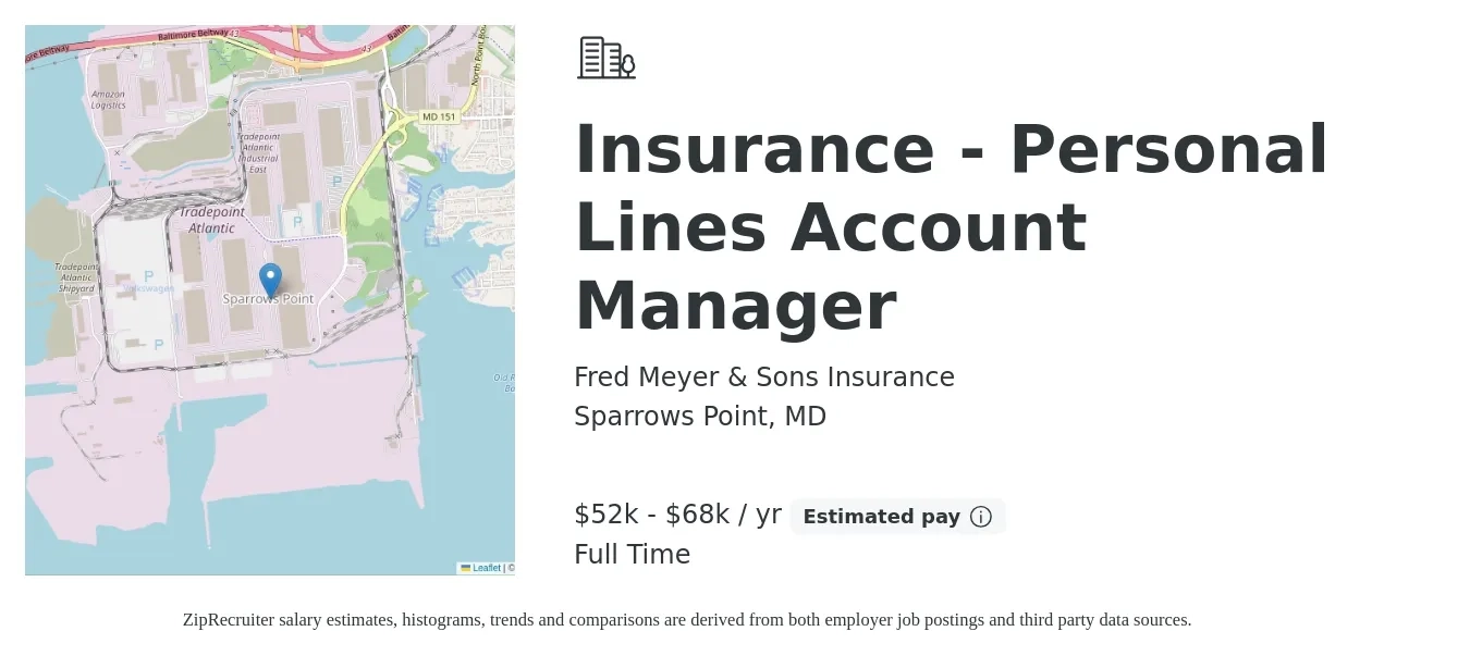 Fred Meyer & Sons Insurance job posting for a Insurance - Personal Lines Account Manager in Sparrows Point, MD with a salary of $52,000 to $68,000 Yearly with a map of Sparrows Point location.