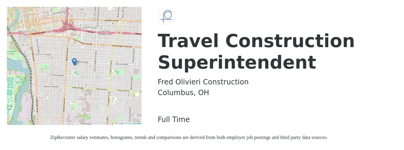 Fred Olivieri Construction job posting for a Travel Construction Superintendent in Columbus, OH with a salary of $64,700 to $105,200 Yearly with a map of Columbus location.
