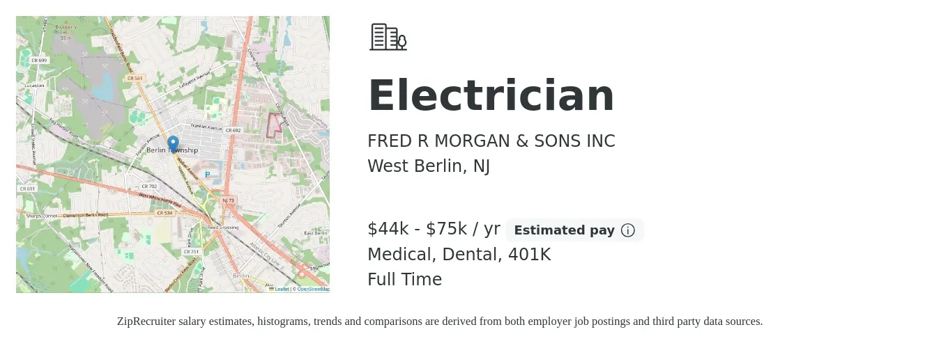 FRED R MORGAN & SONS INC job posting for a Electrician in West Berlin, NJ with a salary of $44,000 to $75,000 Yearly and benefits including medical, 401k, dental, and life_insurance with a map of West Berlin location.