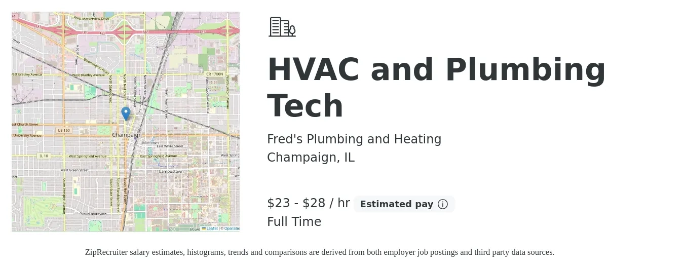 Fred's Plumbing and Heating job posting for a HVAC and Plumbing Tech in Champaign, IL with a salary of $24 to $30 Hourly with a map of Champaign location.