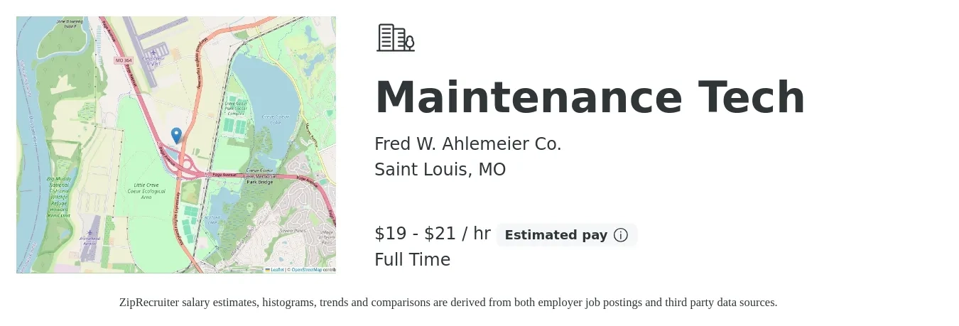 Fred W. Ahlemeier Co. job posting for a Maintenance Tech in Saint Louis, MO with a salary of $20 to $22 Hourly with a map of Saint Louis location.