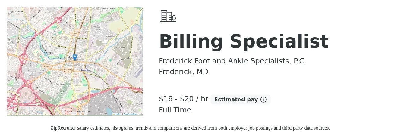 Frederick Foot and Ankle Specialists, P.C. job posting for a Billing Specialist in Frederick, MD with a salary of $17 to $21 Hourly with a map of Frederick location.