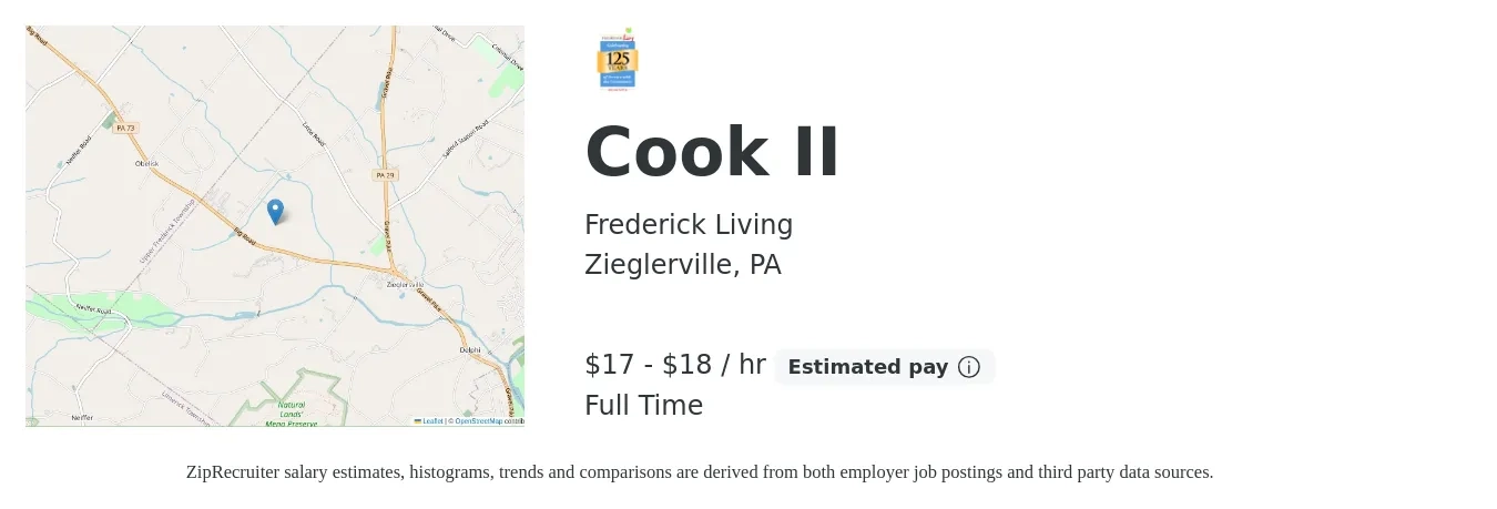 Frederick Living job posting for a Cook II in Zieglerville, PA with a salary of $18 to $20 Hourly with a map of Zieglerville location.