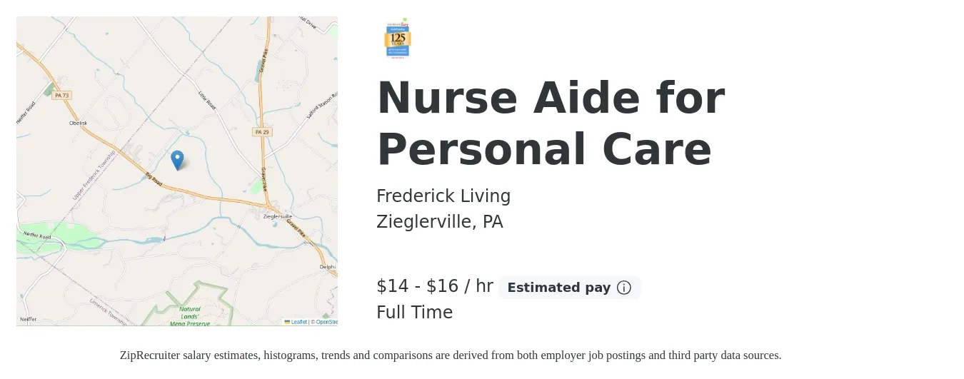 Frederick Living job posting for a Nurse Aide for Personal Care in Zieglerville, PA with a salary of $16 to $17 Hourly with a map of Zieglerville location.