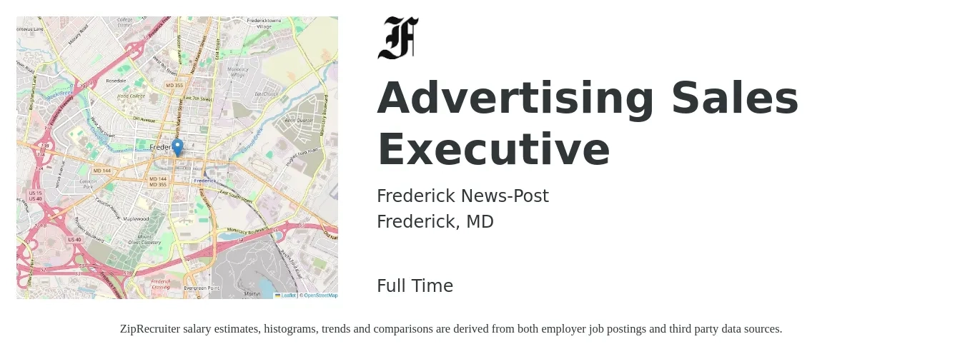 Frederick News-Post job posting for a Advertising Sales Executive in Frederick, MD with a salary of $73,100 to $92,500 Yearly with a map of Frederick location.