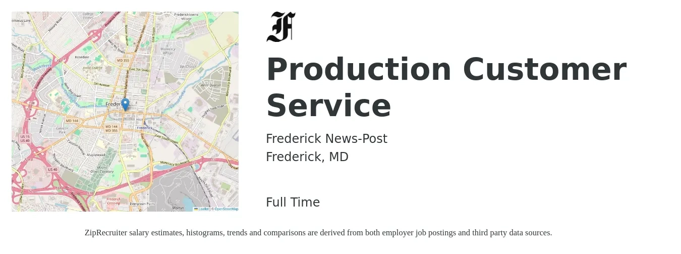 Frederick News-Post job posting for a Production Customer Service in Frederick, MD with a salary of $20 to $31 Hourly with a map of Frederick location.