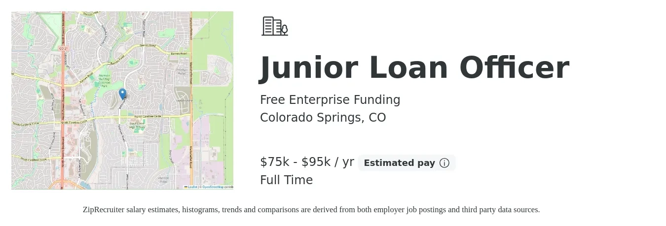 Free Enterprise Funding job posting for a Junior Loan Officer in Colorado Springs, CO with a salary of $75,000 to $95,000 Yearly with a map of Colorado Springs location.