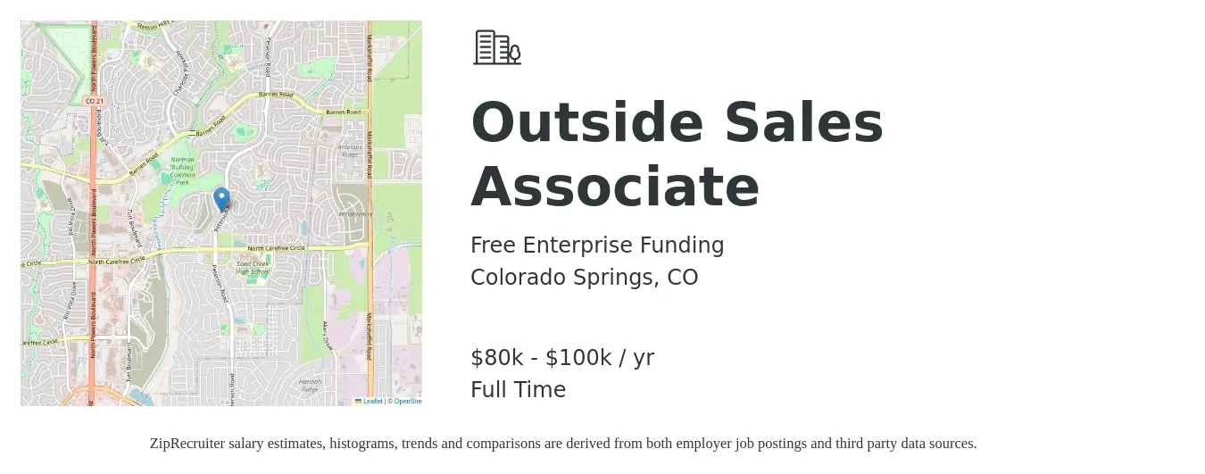 Free Enterprise Funding job posting for a Outside Sales Associate in Colorado Springs, CO with a salary of $80,000 to $100,000 Yearly with a map of Colorado Springs location.