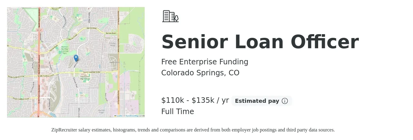 Free Enterprise Funding job posting for a Senior Loan Officer in Colorado Springs, CO with a salary of $110,000 to $135,000 Yearly with a map of Colorado Springs location.