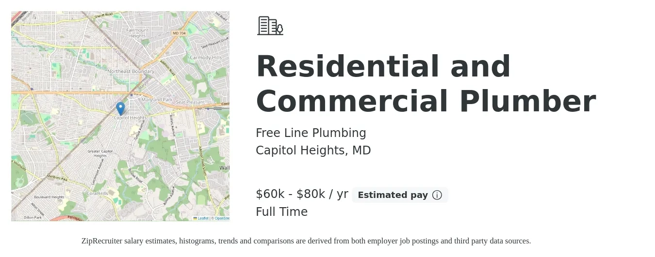 Free Line Plumbing job posting for a Residential and Commercial Plumber in Capitol Heights, MD with a salary of $60,000 to $80,000 Yearly with a map of Capitol Heights location.