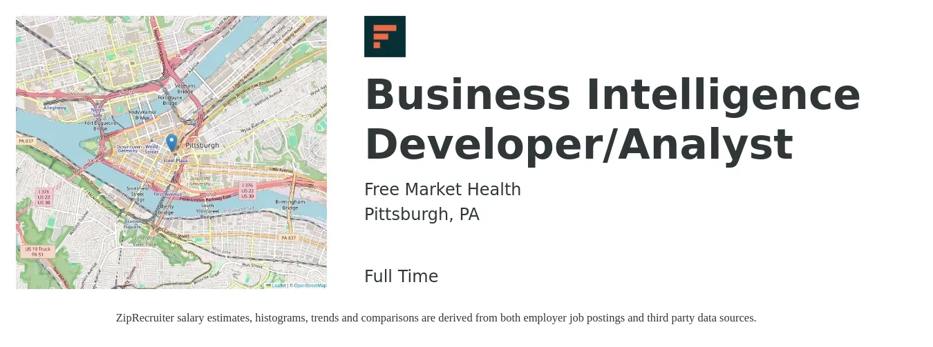 Free Market Health job posting for a Business Intelligence Developer/Analyst in Pittsburgh, PA with a salary of $70,000 to $90,000 Yearly with a map of Pittsburgh location.