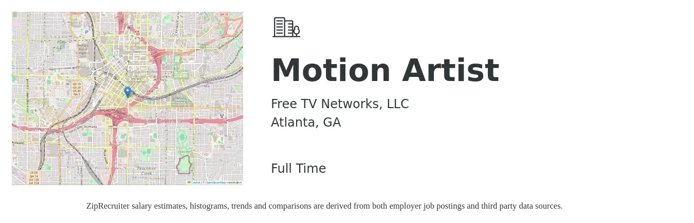 Free TV Networks, LLC job posting for a Motion Artist in Atlanta, GA with a salary of $25 to $34 Hourly with a map of Atlanta location.