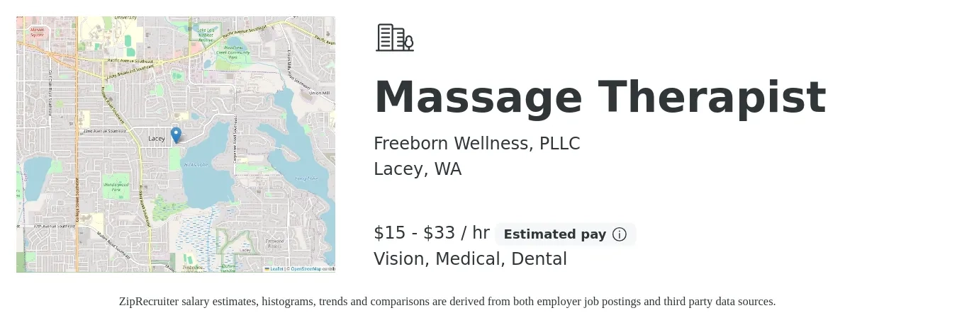 Freeborn Wellness, PLLC job posting for a Massage Therapist in Lacey, WA with a salary of $16 to $35 Hourly and benefits including dental, medical, pto, retirement, and vision with a map of Lacey location.