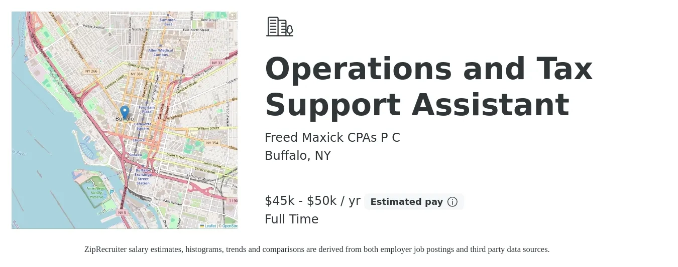 Freed Maxick CPAs P C job posting for a Operations and Tax Support Assistant in Buffalo, NY with a salary of $45,000 to $50,000 Yearly with a map of Buffalo location.