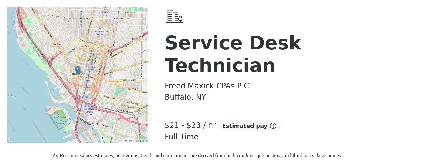 Freed Maxick CPAs P C job posting for a Service Desk Technician in Buffalo, NY with a salary of $22 to $24 Hourly with a map of Buffalo location.