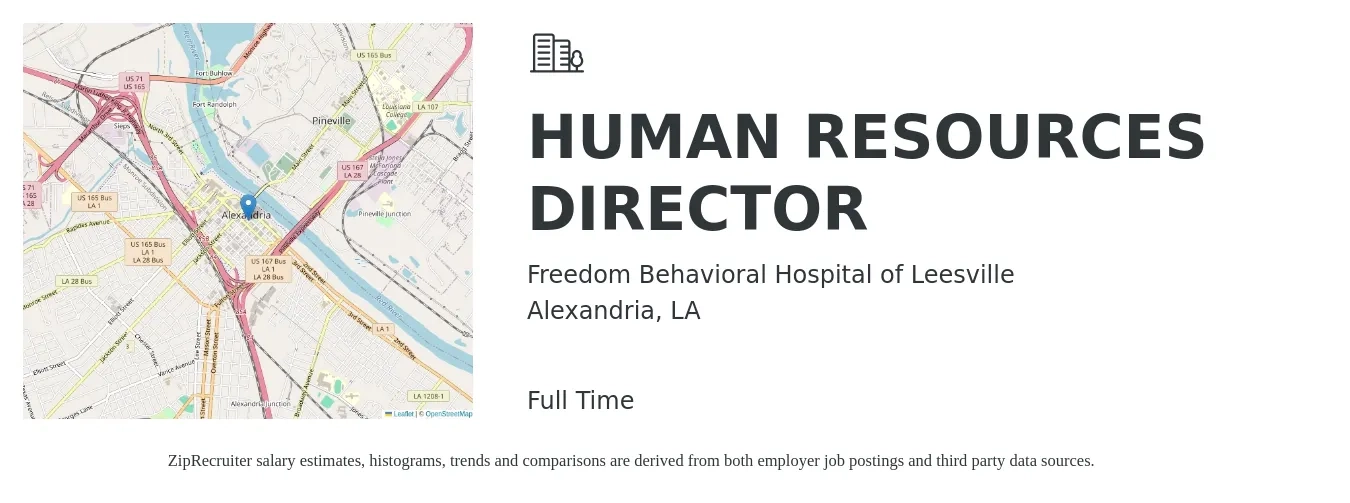Freedom Behavioral Hospital of Leesville job posting for a HUMAN RESOURCES DIRECTOR in Alexandria, LA with a salary of $55,000 to $70,000 Yearly with a map of Alexandria location.