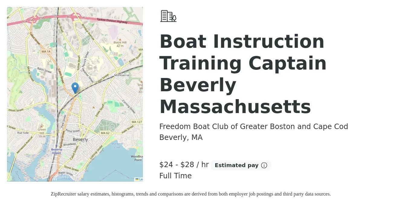 Freedom Boat Club of Greater Boston and Cape Cod job posting for a Boat Instruction Training Captain Beverly Massachusetts in Beverly, MA with a salary of $25 to $30 Hourly with a map of Beverly location.
