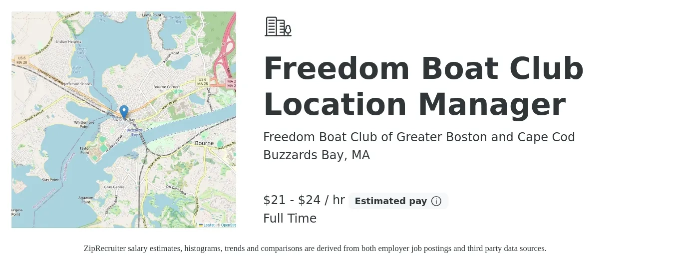 Freedom Boat Club of Greater Boston and Cape Cod job posting for a Freedom Boat Club Location Manager in Buzzards Bay, MA with a salary of $22 to $25 Hourly with a map of Buzzards Bay location.