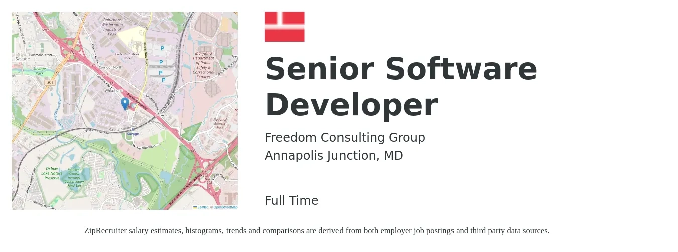 Freedom Consulting Group job posting for a Senior Software Developer in Annapolis Junction, MD with a salary of $56 to $74 Hourly with a map of Annapolis Junction location.