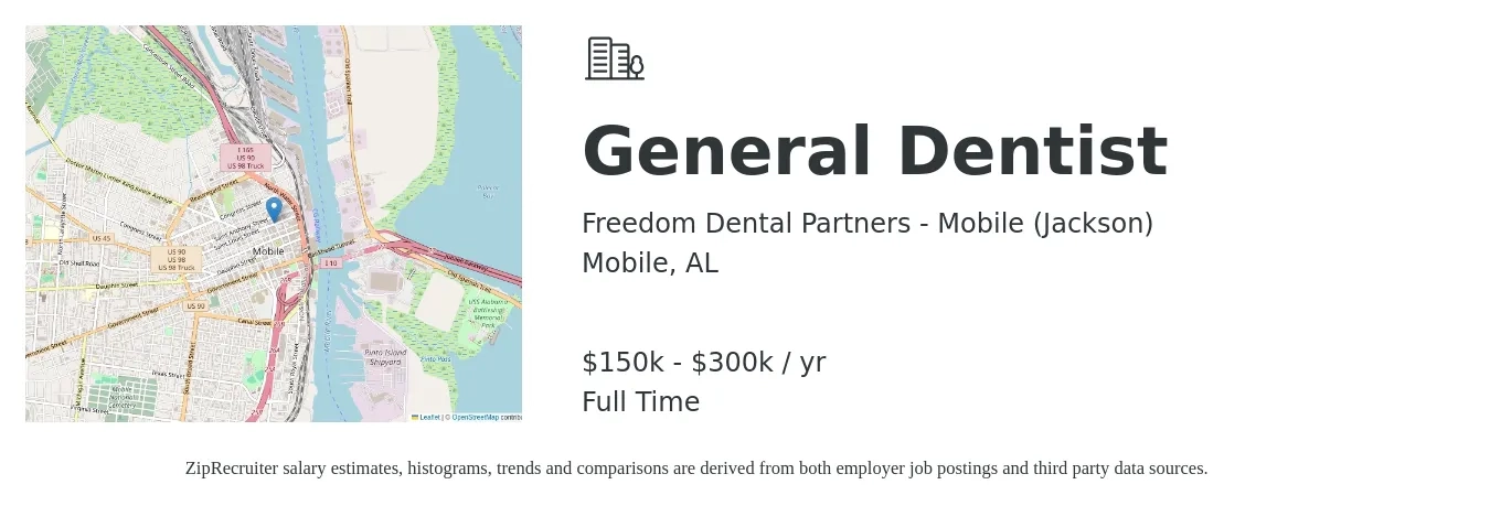 Freedom Dental Partners - Mobile (Jackson) job posting for a General Dentist in Mobile, AL with a salary of $150,000 to $300,000 Yearly with a map of Mobile location.