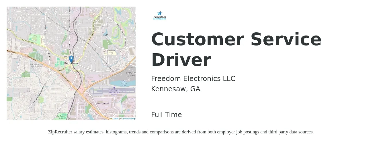 Freedom Electronics LLC job posting for a Customer Service Driver in Kennesaw, GA with a salary of $15 to $19 Hourly with a map of Kennesaw location.