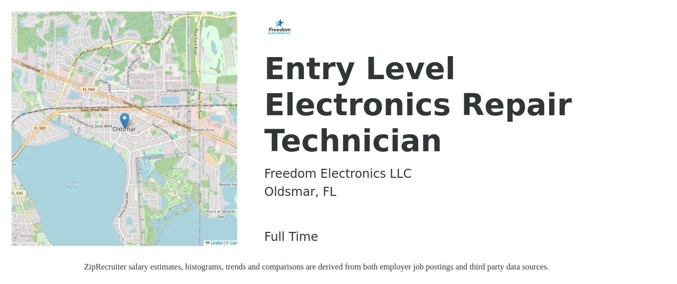 Freedom Electronics LLC job posting for a Entry Level Electronics Repair Technician in Oldsmar, FL with a salary of $18 to $27 Hourly with a map of Oldsmar location.