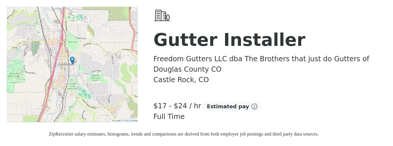 Freedom Gutters LLC dba The Brothers that just do Gutters of Douglas County CO job posting for a Gutter Installer in Castle Rock, CO with a salary of $18 to $25 Hourly with a map of Castle Rock location.