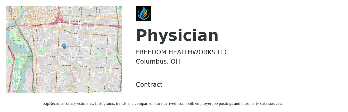 FREEDOM HEALTHWORKS LLC job posting for a Physician in Columbus, OH with a salary of $183,500 to $236,200 Yearly with a map of Columbus location.