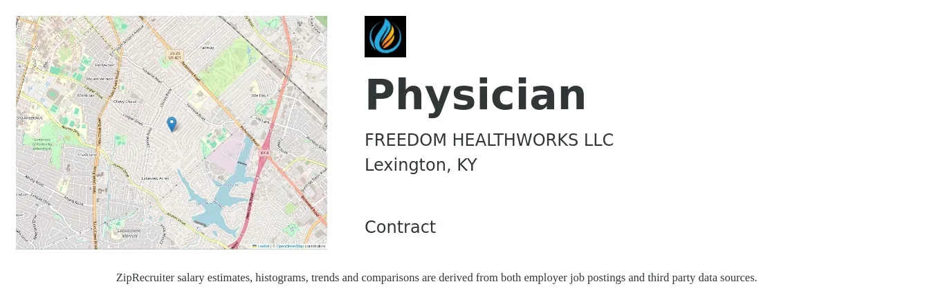 FREEDOM HEALTHWORKS LLC job posting for a Physician in Lexington, KY with a salary of $188,800 to $243,000 Yearly with a map of Lexington location.