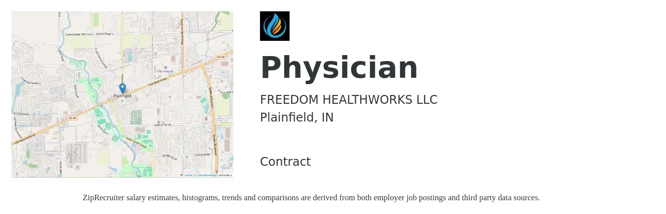 FREEDOM HEALTHWORKS LLC job posting for a Physician in Plainfield, IN with a salary of $186,400 to $239,900 Yearly with a map of Plainfield location.