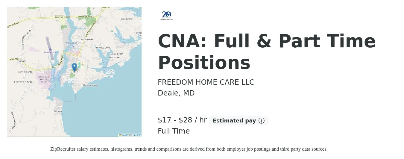FREEDOM HOME CARE LLC job posting for a CNA: Full & Part Time Positions in Deale, MD with a salary of $18 to $30 Hourly with a map of Deale location.