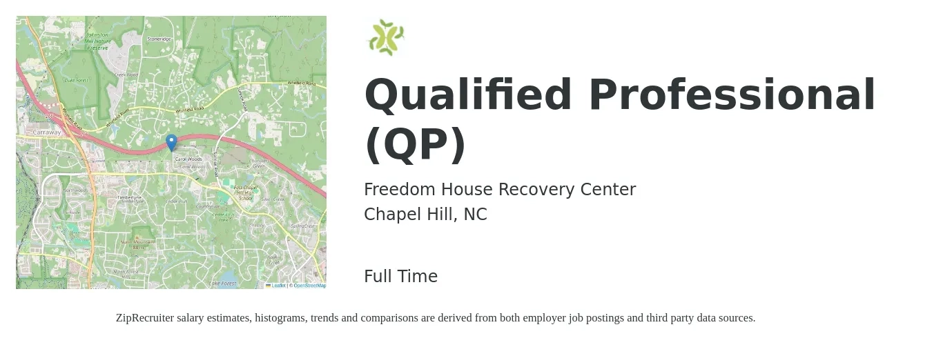Freedom House Recovery Center job posting for a Qualified Professional (QP) in Chapel Hill, NC and benefits including dental, life_insurance, medical, retirement, and vision with a map of Chapel Hill location.